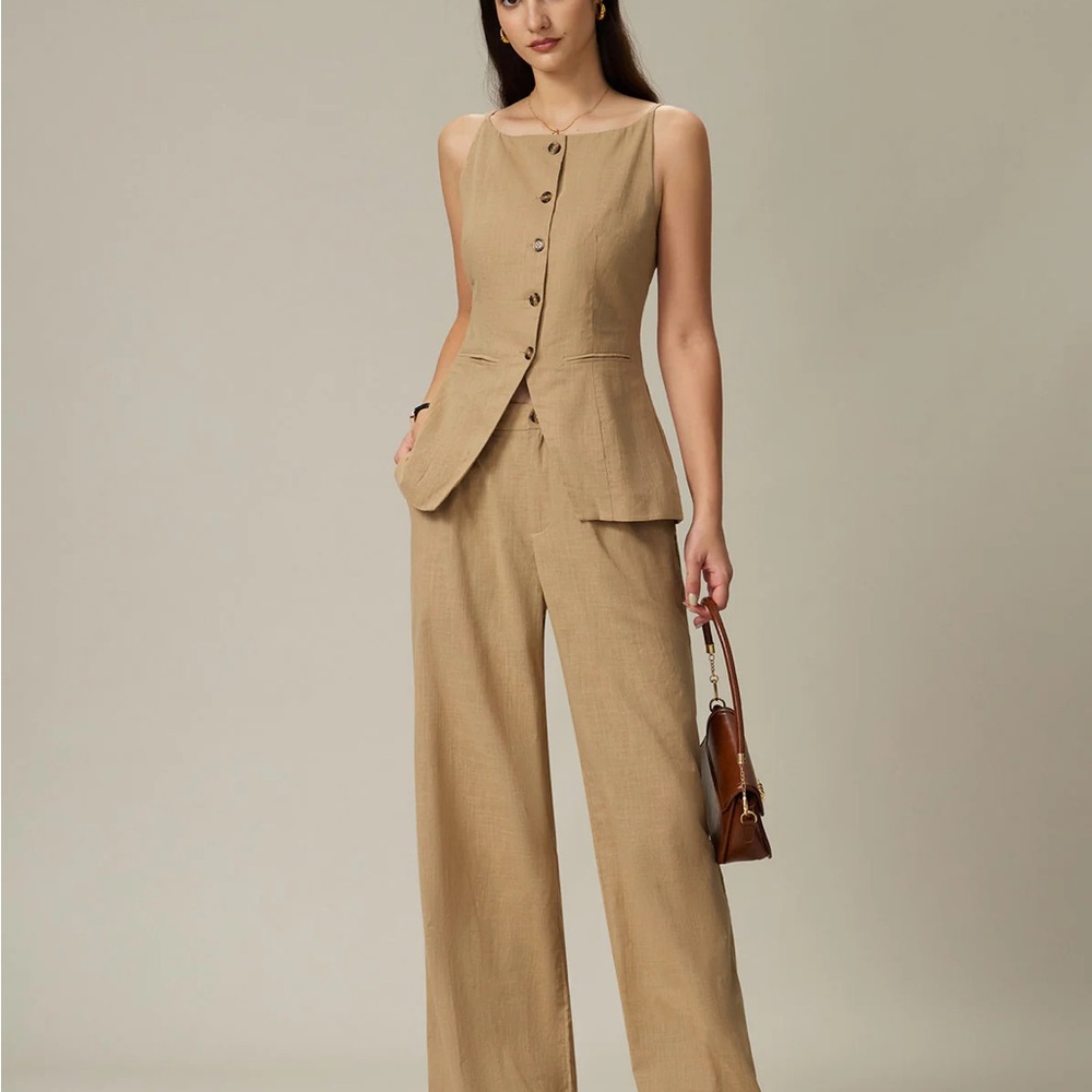 Brown Boat Neck Single Breasted Vest